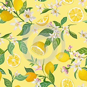 Seamless Lemon pattern with tropic fruits, leaves, flowers background. Hand drawn illustration in watercolor style for summer