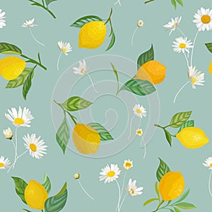 Seamless Lemon pattern with tropic fruits, leaves, flowers background. Hand drawn illustration in watercolor style for summer