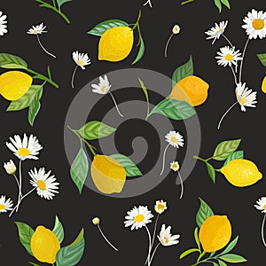 Seamless Lemon pattern with tropic fruits, leaves, flowers background. Hand drawn illustration in watercolor style for summer