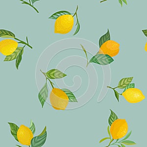 Seamless Lemon pattern with tropic fruits, leaves, flowers background. Hand drawn illustration in watercolor style for summer