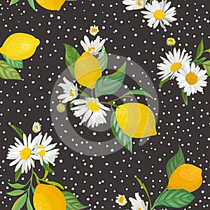 Seamless Lemon pattern with tropic fruits, leaves, flowers background. Hand drawn illustration in watercolor style for summer