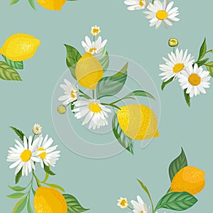 Seamless Lemon pattern with tropic fruits, leaves, flowers background. Hand drawn illustration in watercolor style for summer