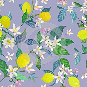 Seamless Lemon pattern with tropic fruits, leaves, flowers background. Hand drawn illustration in watercolor style for summer