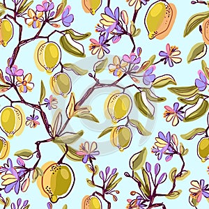 Seamless Lemon pattern with tropic fruits, leaves, flowers background. Hand drawn vector illustration in watercolor