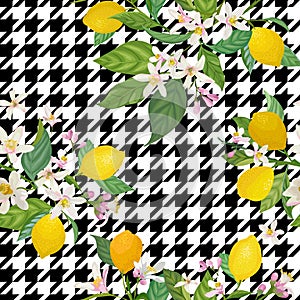 Seamless Lemon pattern with tropic fruits, leaves, flowers background. Hand drawn vector illustration in watercolor style summer