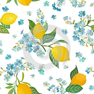 Seamless Lemon pattern with tropic fruits, leaves, forget me not flowers background. Hand drawn illustration watercolor summer