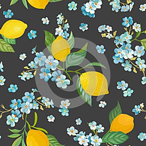 Seamless Lemon pattern with tropic fruits, leaves, forget me not flowers background. Hand drawn illustration watercolor summer