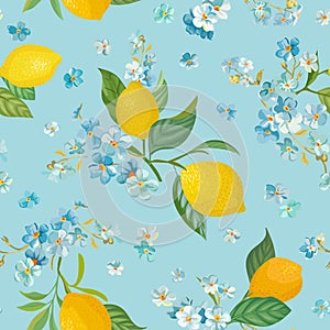 Seamless Lemon pattern with tropic fruits, leaves, forget me not flowers background. Hand drawn illustration watercolor summer