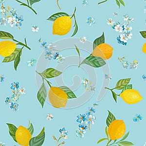 Seamless Lemon pattern with tropic fruits, leaves, forget me not flowers background. Hand drawn illustration watercolor summer
