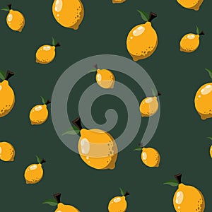 Seamless lemon vector pattern. Fruit background. Tropical repeated print with yellow lemons. Citrus illustration. Fresh lemons for