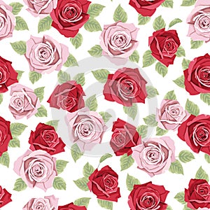 Seamless Light Pink Rose Flower And Red Rose Flower Pattern With White Color Background