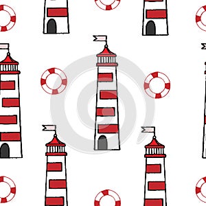 Seamless with lighthouse and rescue circle