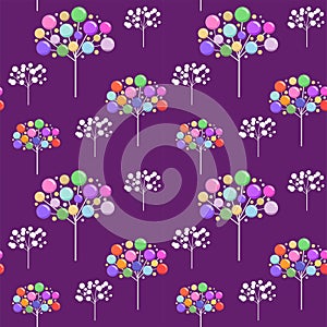 Seamless  lilac wallpaper with abstract Xmas tree with colorful glass balls for Christmas greeting wrapping paper design. Flat sty