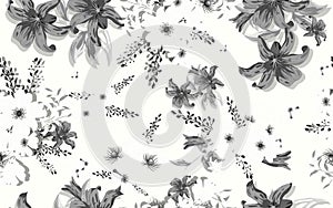 seamless lilium camomile floral pattern background for fabric print. Ditsy illustration. Black white lily and daisy flowers leaves