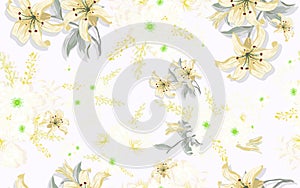 seamless lilium camomile floral pattern background for fabric print. Ditsy illustration. Yellow lily and daisy flowers
