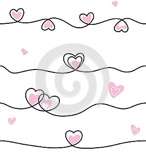 Seamless line heart pattern. Cute style background with pink hearts and black lines on white backdrop