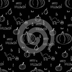 Seamless line vector pattern with pumpkins and cats. Happy Halloween black background.