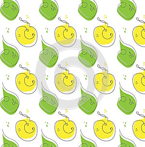 Seamless linear pattern pattern with green pears and yellow apples. Vector illustration. Doodle outline. Modern typographic banner