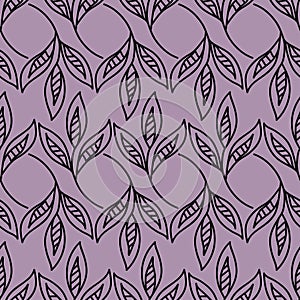 Seamless linear pattern with leaves in black and purple texture background. simple and beautiful vector illustration