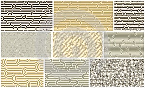 Seamless lines patterns set, stripy geometric vector abstract backgrounds collection, linear stripy net, optical maze.