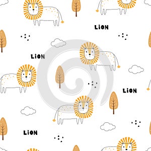 Seamless lion and tree pattern