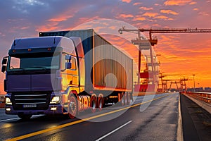 Seamless Logistics Truck Transport Container on the Road to the Port - Delivering Goods with Efficiency and Precision. created