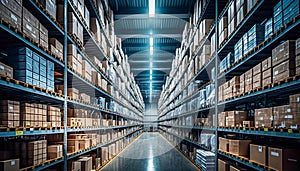 Seamless Logistics, A Warehouse Distribution Center, Long Shelves with Boxes, Generative AI