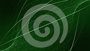Seamless loop animation of abstract green wave of bright particles and curvy lines smoothly spinning around