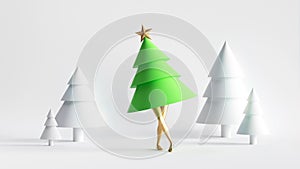 seamless loop animation of dancing Christmas character fir tree, isolated on white background. Minimal surreal concept.