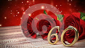 Seamless loop birthday background with red roses on wooden desk. sixtieth birthday. 60th. 3D render