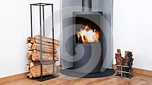 Seamless loop - fire in modern wood stove near wood racks, HD video