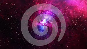 Seamless loop galaxy exploration through outer space towards glowing blue purple galaxy. 4K loop animation.