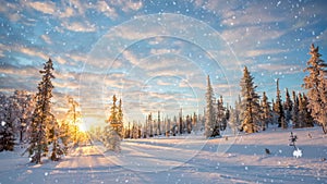 Seamless loop - Snow falling on a winter landscape at sunset, Saariselka, Lapland Finland, video HD