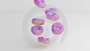 Seamless looping animation with many fresh pink glazed donuts rotating close-up above a bright background with levitating sprinkle