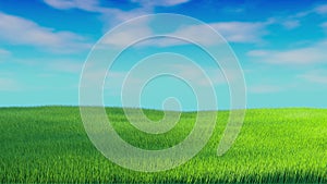 Seamless looping animation of wind swaying green grass against a cloudy blue sky. 3d render. 4k