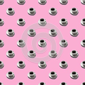 Seamless looping pattern with white coffee cups and espresso. hard shadows on pink pastel background