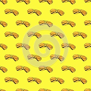 Seamless looping pattern with yellow sunglasses on a yellow background. hard shadows from the sun at noon. leisure, travel and