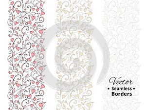 Seamless love borders, wedding floral pattern with hearts. Tileable, can be infinitely repeated