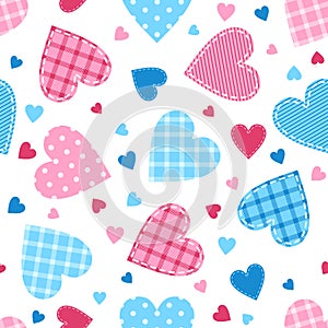 Seamless love pattern with pink and blue patchwork hearts
