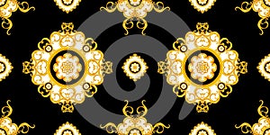 Seamless Luxury Fashional Pattern of Golden Chains and Baroque on Black Background.