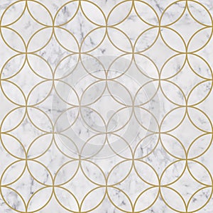 Seamless luxury golden circle geometric pattern and white marble stone texture