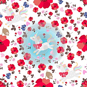 Seamless magic pattern with funny unicorns, red poppy flowers, blue butterflies and pink hearts on white background