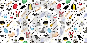 Seamless magic pattern. Halloween items and symbols. Magic wand and cloak of invisibility. School of magic and wizardry photo