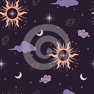 Seamless magical background. Occult symbols. Moon, sun, sky, stars, crystal.