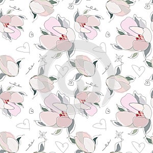 seamless Magnolia pattern with flowers and hearts