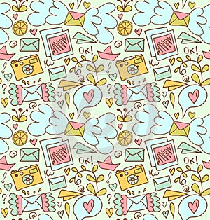 Seamless mail pattern. Cute doodle background with letters, camera, fruits, and other beautty elements.