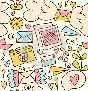 Seamless mail pattern Cute post background with letters, camera, fruits