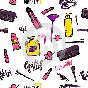 Seamless Makeup pattern. Glamorous makeup pattern with nail polish and lipstick.