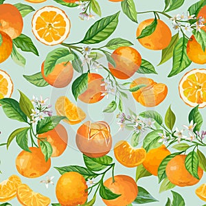 Seamless Mandarin Floral Pattern. Vector Fruit Background, Citrus Fruits, Flowers, Leaves, Orange Branches Texture