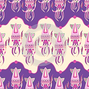 Seamless marine background with squid